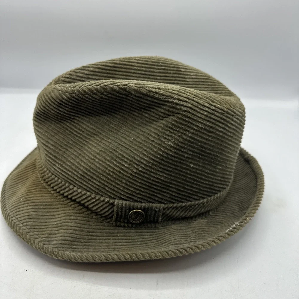 Olive Green Corduroy Fedora Hat Feather Accent Union Made Mens Hat Vintage